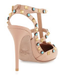 Rockstud Cabochon Leather 100mm Pump, Soft Noisette/Turquoise