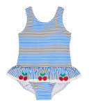 Skirted One-Piece Striped Seersucker Swimsuit, Blue, Size 6-24 Months