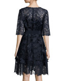 Three-Dimensional Daisy Applique & Lace Dress, Navy