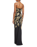 Strapless Sequined Leaf Column Gown, Black/Gold