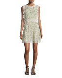 Sleeveless Lace-Trim Daisy-Print Dress, Ivory