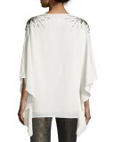 Hand-Beaded V-Neck Silk Blouse, Alabaster/Gold