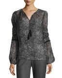 Joanne Tasseled V-Neck Floral-Print Blouse, Black