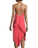 Sleeveless Bias-Ruffle Slip Dress, Berry