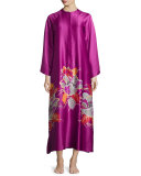 Imperial Floral-Embroidery Zip Lounge Caftan, Purple Haze