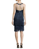 Sleeveless Tiered Fringe Cocktail Dress, Navy
