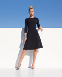 3/4-Sleeve Boat-Neck A-Line Dress, Black