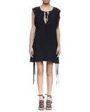 Flutter-Sleeve Tie-Neck Dress, Navy