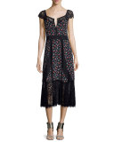 Cap-Sleeve Floral Silk & Lace Midi Dress, Black