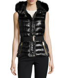 Fox-Trim Puffer Vest, Black