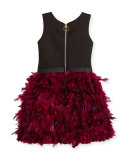 Sleeveless Ponte & Feather Dress, Black/Pink, Size 4-6