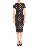 Short-Sleeve Daisy Jacquard Dress, Black Pattern