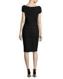 Striped Scuba Cap-Sleeve Dress, Black