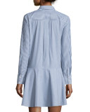Long-Sleeve Striped Cotton Tie-Waist Shirtdress, Midnight/Soft White