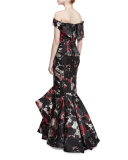 Off-the-Shoulder Printed Mermaid Gown, Multi Cherry Floral