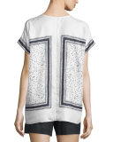 Scarf-Print Silk Popover Top, White/Black
