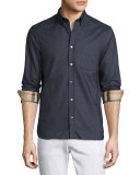 Long-Sleeve Oxford Shirt w/Check Revers, Charcoal