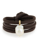 Convertible Leather Wrap Bracelet/Choker with Baroque Pearl, Brown