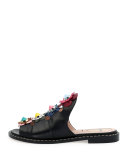 Floral-Appliqué Leather Mule Sandal, Nero/Multi