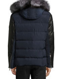 Leather-Sleeve Down Jacket w/Fox Fur Trim