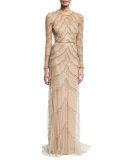 Beaded Illusion Long-Sleeve Gown, White/Gold