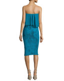 Ruffled Off-the-Shoulder Stretch-Lace Sheath Dress, Turquoise 