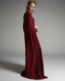 Beaded-Yoke Georgette Caftan Gown, Ruby