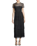 Short-Sleeve Long Chantilly Lace Dress, Navy