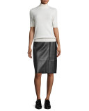 Paneled Lambskin Pencil Skirt w/ Side Pleat, Black/Gravel