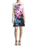 Short-Sleeve Orchid-Print Colorblock Dress, Multi Colors
