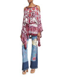 Patchwork Floral Denim Jeans, Light Blue