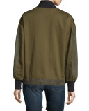 Stone Suede & Twill Bomber Jacket, Army Green