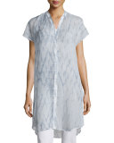 Cap-Sleeve Button-Front Shibori Tunic, Mulberry