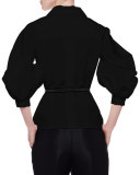 Silk Faille Balloon-Sleeve Blouse, Black