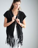 Open-Front Suede Poncho W/Fringe, Black