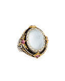 North-South Mother-of-Pearl Ring with Pink Crystal Quartz Over Sapphire & Tourmaline