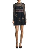 Long-Sleeve Floral-Embroidered Point D'Esprit Dress, Navy