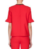 Flounce-Sleeve Contrast-Trim Top, Red