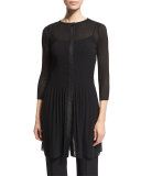 3/4-Sleeve Semisheer Plisse Tunic, Black