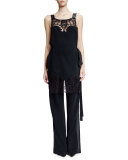 Lace-Inset Backless Jumpsuit, Black