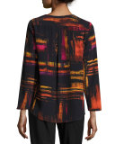 Samantha 3/4-Sleeve Abstract-Print Silk Blouse, Black Multi