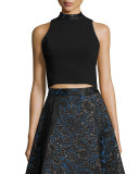 Sleeveless Cropped Crepe Top, Black/Blue