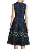 Floral-Embroidered Sleeveless Cocktail Dress, Black/Multi