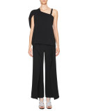 Crossover High-Waist Ruffled Pants, Black