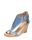 June T-Strap Wedge Sandal, Light Blue