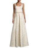 Sleeveless Scoop-Neck Embroidered Gown, Gold