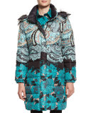 Fox-Trim Hooded Floral Puffer Jacket, Teal