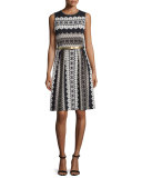 Printed Shimmer-Knit Sleeveless Dress, Caviar/Multi