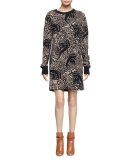 Long-Sleeve Abstract-Animal Shift Dress, Brown/Black