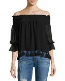 Fontane Off-the-Shoulder 3/4-Sleeve Tassel-Trim Top, Onyx